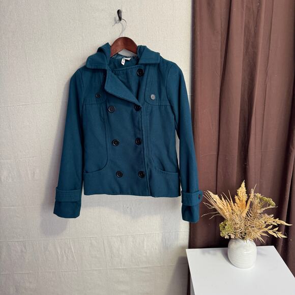Voice Hooded Jacket Size S Teal Blue Wool Blend Lined with Pockets Warm Winter - Picture 1 of 11